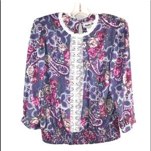 Vtg Victorian Prairie Lace Floral Blouse, size 8